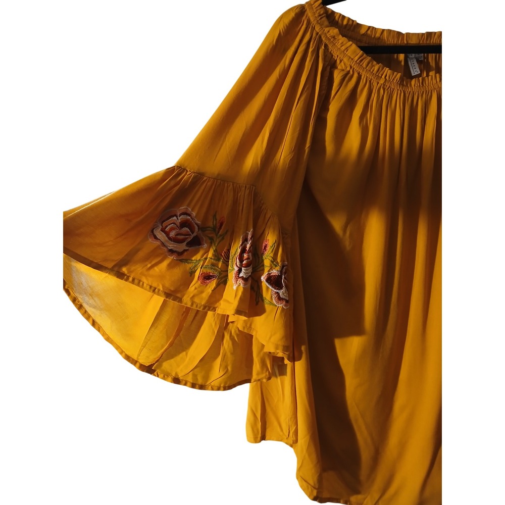 Feathers Mustard Yellow Floral Embroidered Bell Sleeve Off Shoulder Blouse XL - Picture 3 of 10